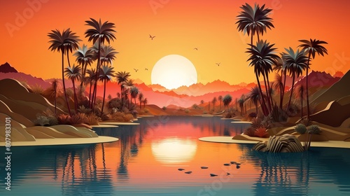 Desert oasis, palms and water reflecting the sunset, serene solitude, papercut landscapes, 3D style