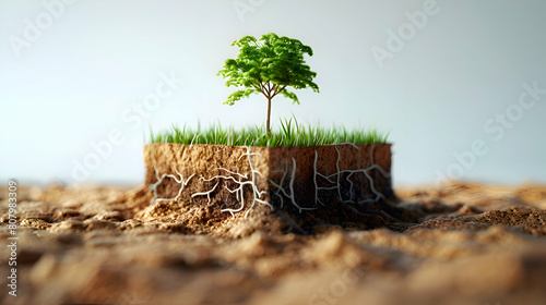 Isometric 3D Flat Icon  Plant Roots with Soil Layers - Emphasizing the Critical Role of Healthy Soils in Sustaining Life on Earth