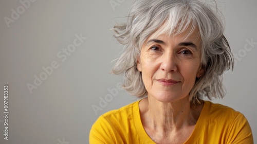 A photo of a 50-something year old woman with gray hair, wearing a yellow shirt, and smiling. photo