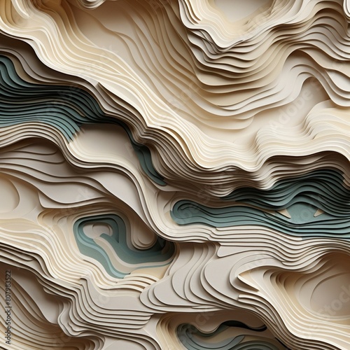 Layered paper cliff faces, stratified textures, erosion and time, abstract papercut, 3D style photo
