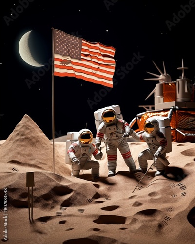 Moon landing scene, astronauts planting flag, historic 1969, retro papercut 3D style photo