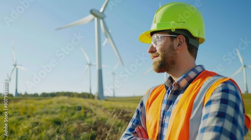Portrait of a male engineer wearing a hard hat and safety glasses standing in a wind farm. © Sittipol 