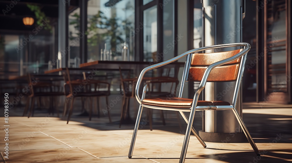 A sleek metal chair at a trendy cafe, providing a stylish perch for enjoying espresso and people-watching
