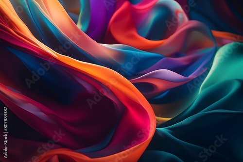 Abstract fluid iridescent holographic neon curved wave in motion colorful background 3d render. Gradient design element for backgrounds, banners. Wavy pink, purple, blue, orange, yellow wallpaper