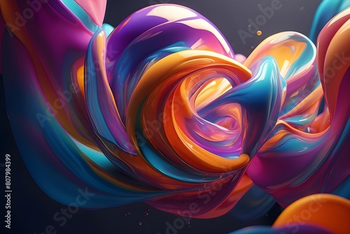 Abstract fluid iridescent holographic neon curved wave in motion colorful background 3d render. Gradient design element for backgrounds, banners. Wavy pink, purple, blue, orange, yellow wallpaper