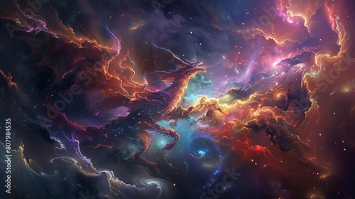 Bring mythical creatures to life from a side perspective on a cosmic backdrop