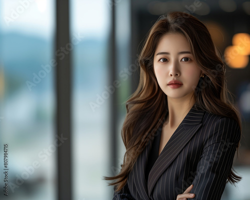 Free Download Within a spacious and stylish office environment, a business portrait features a striking young Asian female CEO, donning a black suit and exuding confidence. - GFXLoad