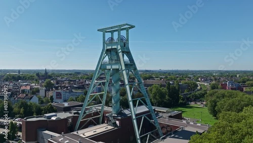 Aerial drone view of the German Mining Museum, also known as Deutsches Bergbau-Museum Bochum. This major museum showcases the history and technology of mining, featuring mineral specimens . photo