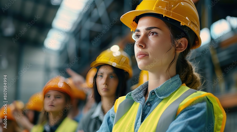 A confident female engineer leading a team of engineers in a project meeting, A confident female engineer leading a team of engineers in a project meeting,