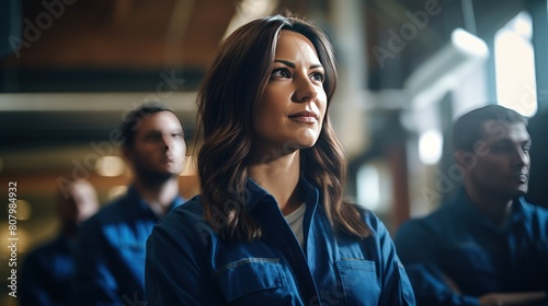  A confident female engineer leading a team of engineers in a project meeting, 