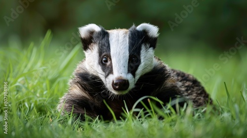 A badger is sitting in the grass looking at something, AI © starush