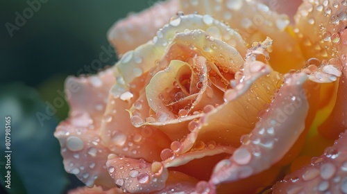 A close-up of raindrops gracefully adorning the petals of a blooming rose, beauty in simplicity