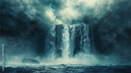 One waterfall had water splashing. and the mist from the waterfall falling into the ocean along with the stormy sky. Powerful nature background,Generative AI illustration.