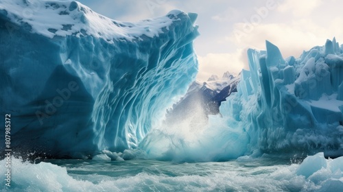 A majestic glacier collapsing into a turquoise glacial lake, climate change.