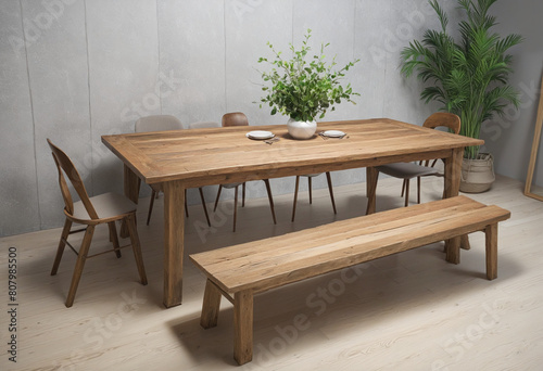  A modern and generative AI design for a reclaimed wood farmhouse harvest table, perfect for any interior setting  