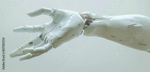 A sleek, futuristic white robotic hand hovering elegantly in a high-tech laboratory setting. 