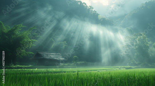 Early morning sunbeams break through the lush forest canopy  illuminating a traditional hut surrounded by a vibrant green rice field.