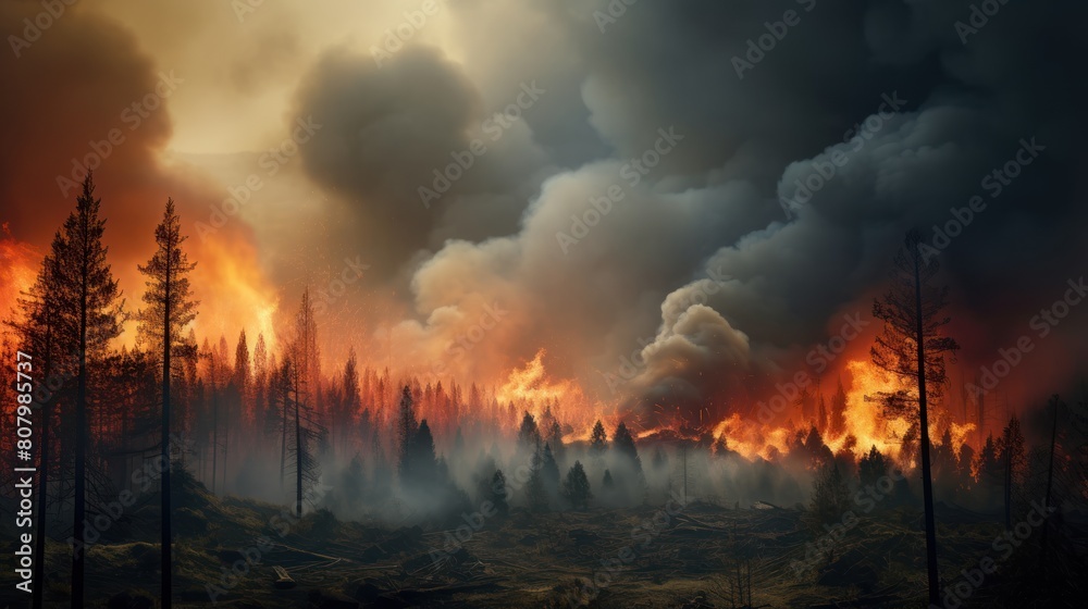 wildfire consuming a once lush forest, with smoke filling the sky