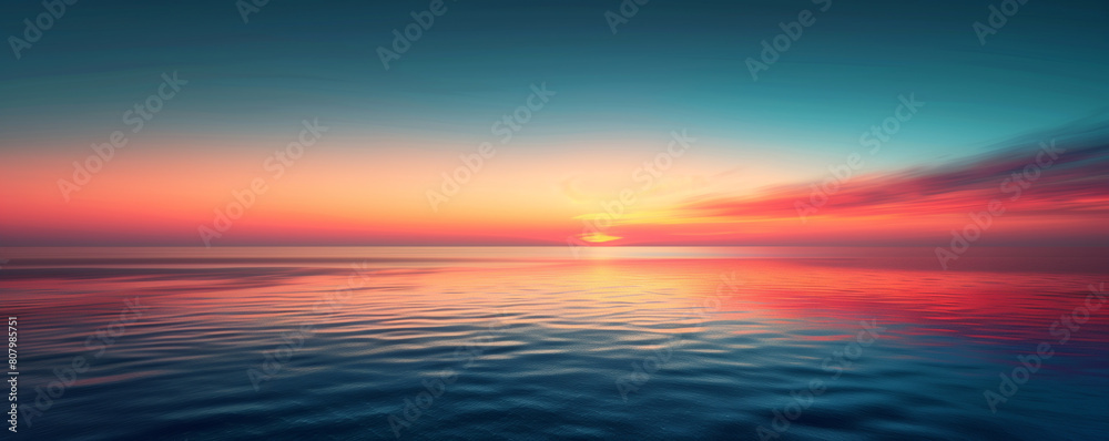 The sky erupts in shades of deep red and orange at sunset, casting a dramatic light over the gentle waves of a vast ocean, creating a visually stunning and peaceful scene.
