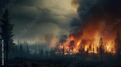 wildfire consuming a once lush forest  with smoke filling the sky