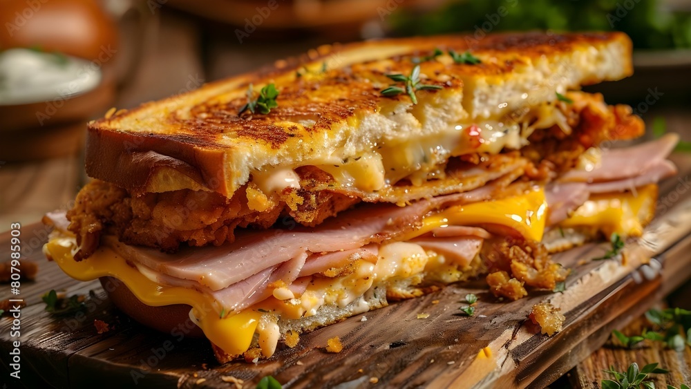 Delicious Cuban Sandwich Featuring Cheese, Ham, and Fried Pork Served on a Wooden Board. Concept Cuban Sandwich, Cheese, Ham, Fried Pork, Wooden Board