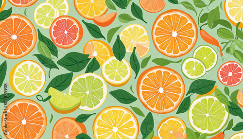 Seamless pattern with citrus fruits and leaves background