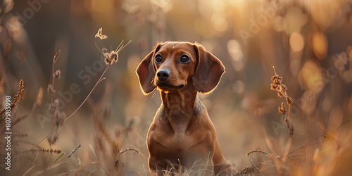 Puppy Love in Bloom: Adorable Brown Dog Frolicking in a Field of Flowers photo