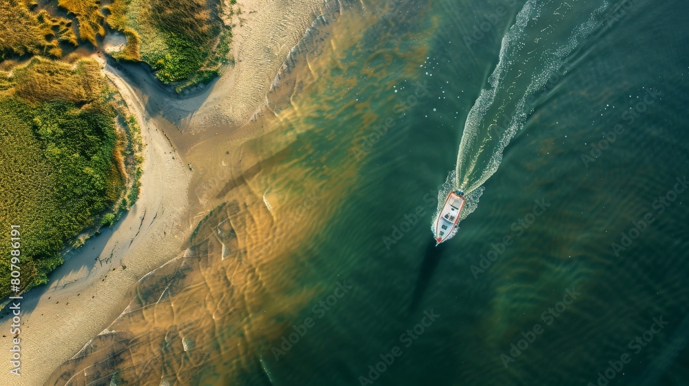 Majestic Aerial View of Boat Sailing Along the Meandering River