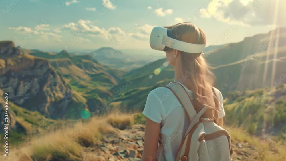 A woman stands in a scenic mountainous area experiencing virtual reality with a headset.