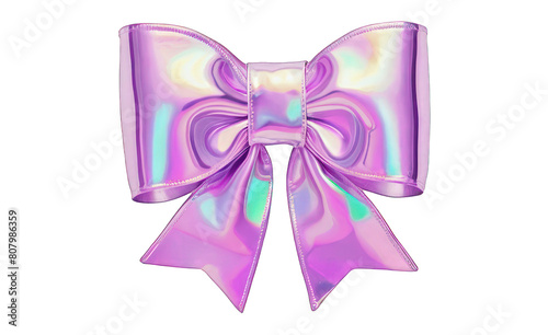 Cute 3D bow on a transparent background. Holographic sparkling element in Y2K style. Liquid chrome, vintage girly accessory in bright pink color, icon, metal surface.