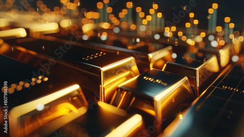 Gold bars on a table with a glowing grid in the background