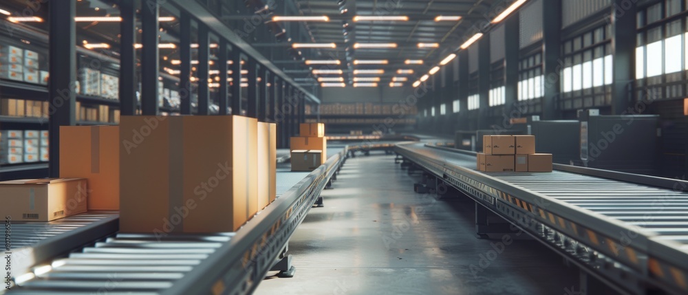 Fototapeta premium A modern warehouse the prepares online shopping orders, retail parcels and cardboard boxes for shipment on an automated conveyor belt