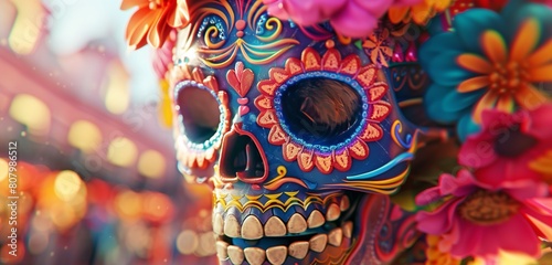 A vibrant, ornately decorated Mexican skull mascot adorned with colorful flowers and intricate patterns.  photo