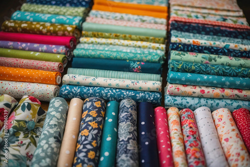 Lots of colorful rolls of fabrics, different patterns and materials. Shop for sewing and handicrafts. photo