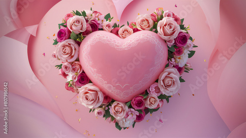 Elegant pink floral arrangement with heart on pink background with copy space for Mother's day, Valentine's day.