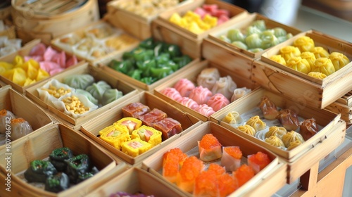 A colorful assortment of dim sum delicacies served on bamboo trays