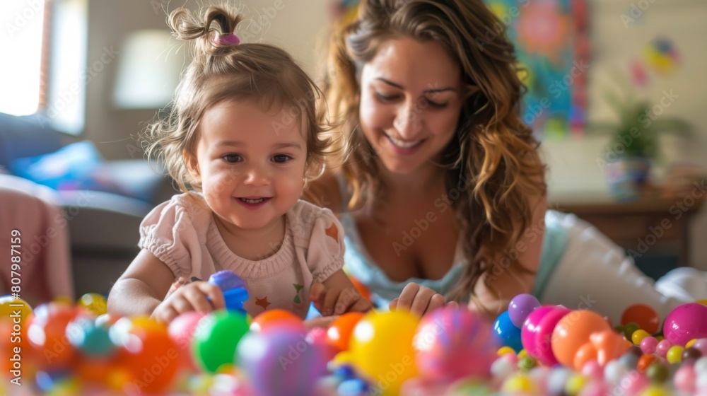 A woman and child playing with a ball of colorful balls, AI A woman and child playing with a ball of colorful balls, AI