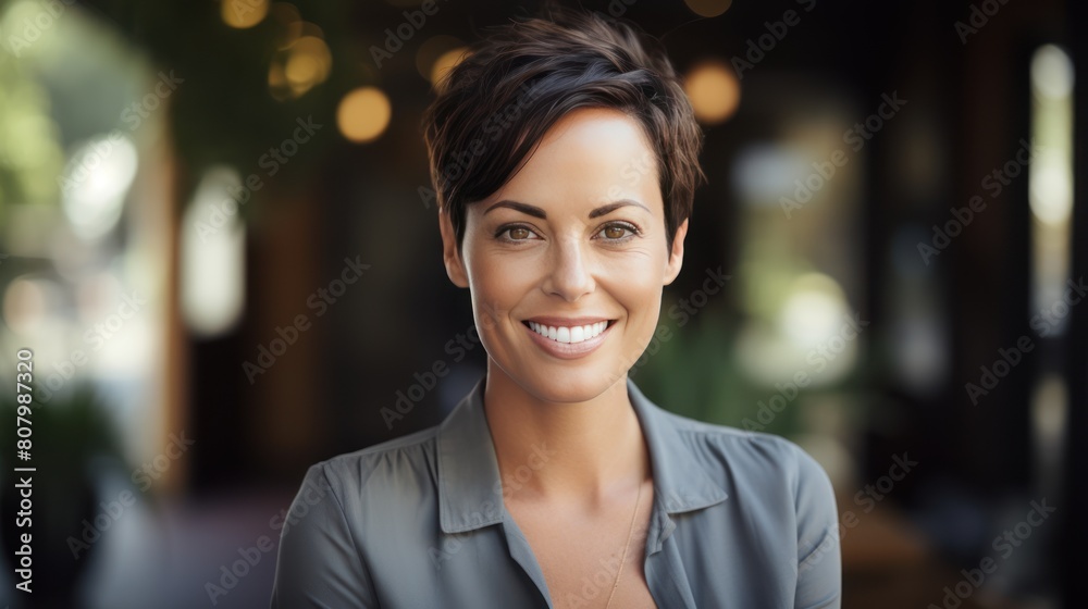 Woman Smiling, Short Hair Leaning with office 