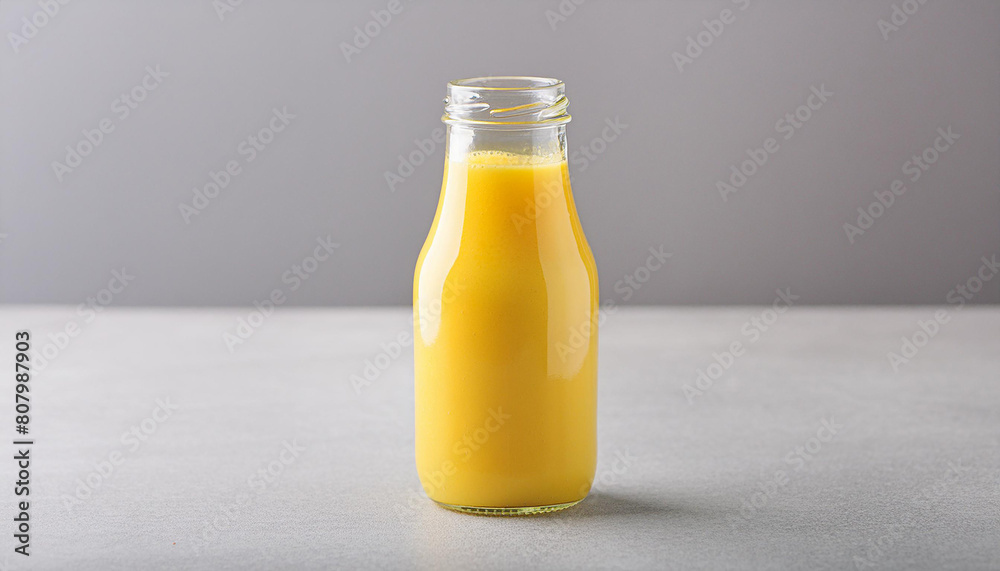 Refreshing orange smoothie in glass bottle. Healthy and tasty citrus drink. Delicious beverage Refreshing orange smoothie in glass bottle. Healthy and tasty citrus drink. Delicious beverage