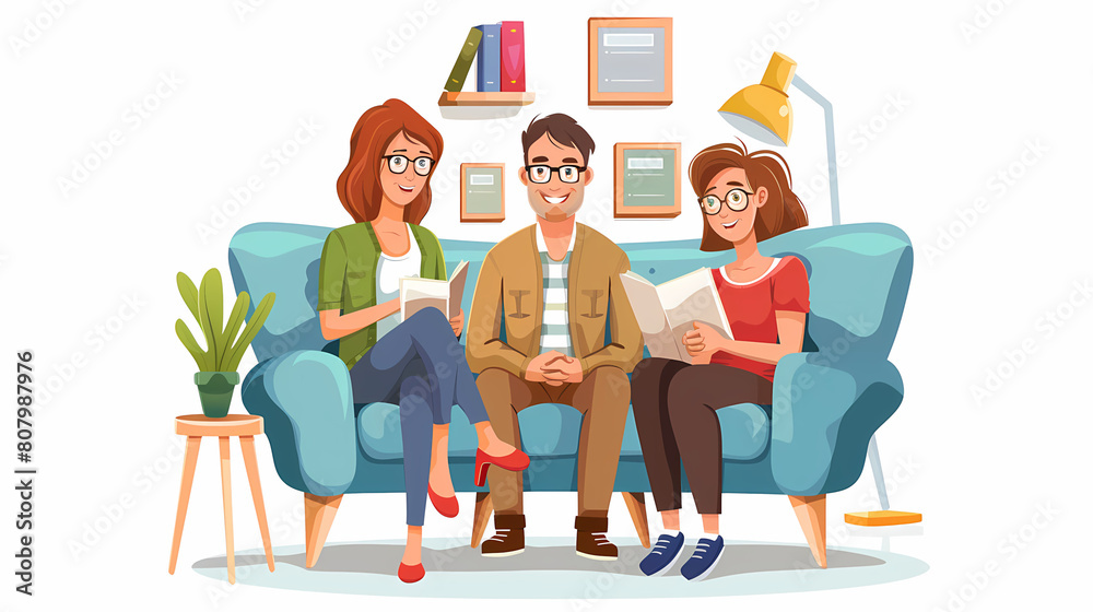Vector illustration of a married couple on a sofa and an elderly psychologist