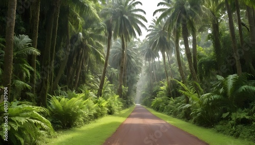A jungle road bordered by towering palms and lush upscaled 3