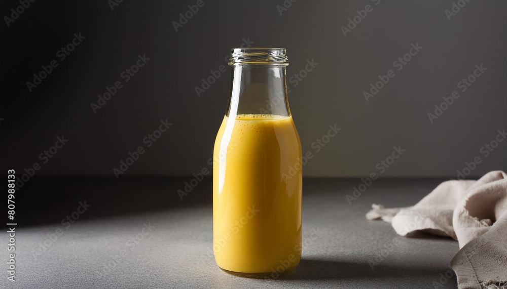 Refreshing orange smoothie in glass bottle. Healthy and tasty citrus drink. Delicious beverage Refreshing orange smoothie in glass bottle. Healthy and tasty citrus drink. Delicious beverage