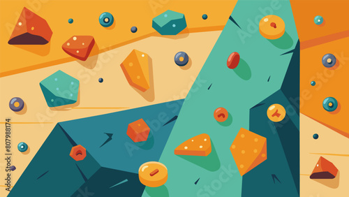 A rockclimbing wall with pressuresensitive handholds that unlock educational videos and fun facts about different types of rocks.. Vector illustration