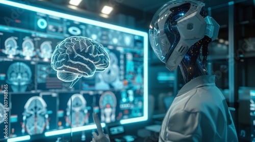 An astronaut in futuristic spacesuit is studying a brain scan of an alien species