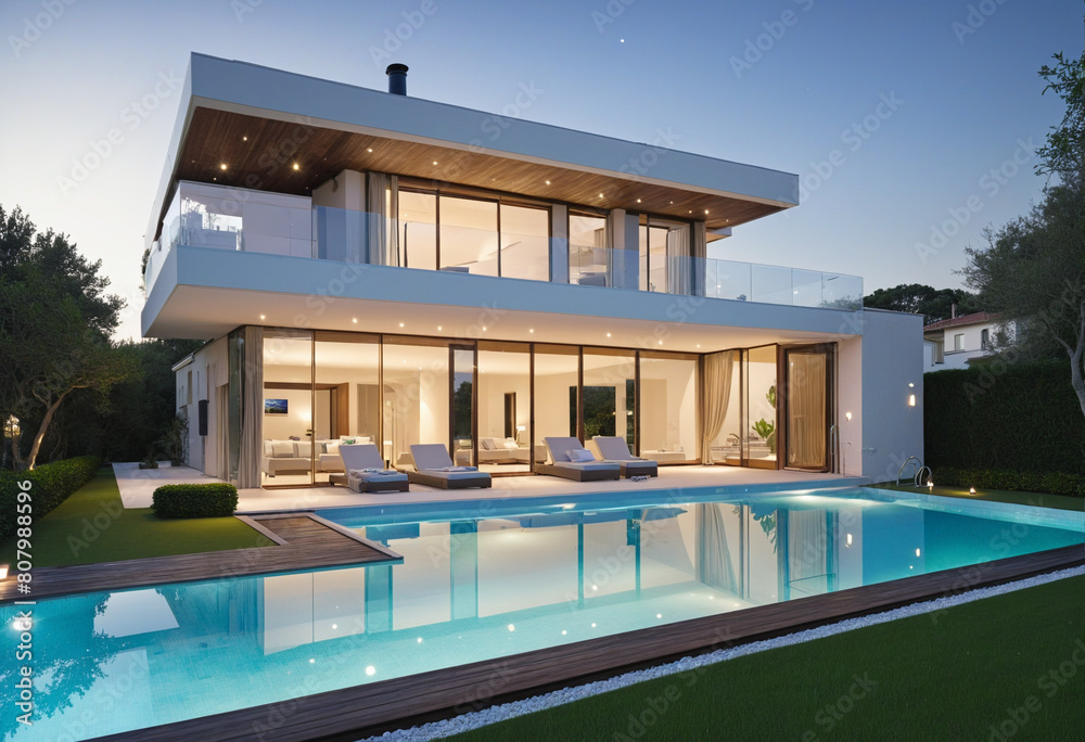 Contemporary Vacation Home with Luxurious Poolside Oasis, Enhanced by Artistic Generative AI Contemporary Vacation Home with Luxurious Poolside Oasis, Enhanced by Artistic Generative AI