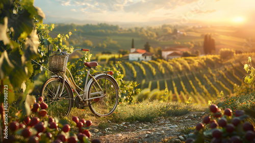 Scenic View of Bike in Portuguese Vineyards - Photo Realistic Image of a Bike in Rolling Hills, Wine Estates, and Historic Villages - Adobe Stock Photo Concept photo