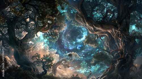 A mystical forest at the heart of the multiverse, where ancient trees whisper secrets of the cosmos to those who listen,
