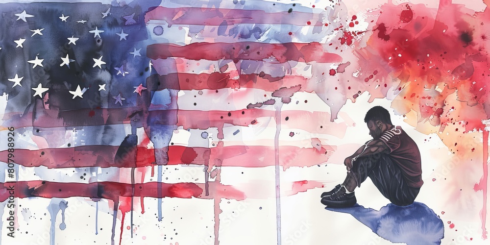 Naklejka premium A man sits on the ground in front of an American flag. The flag is splattered with paint, and the man is in a state of sadness