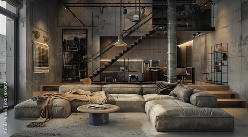 The interior design of the living room resembles a modern loft with concrete walls and raw metal elements. However, all this has been skillfully combined with warm wooden accents and soft textiles