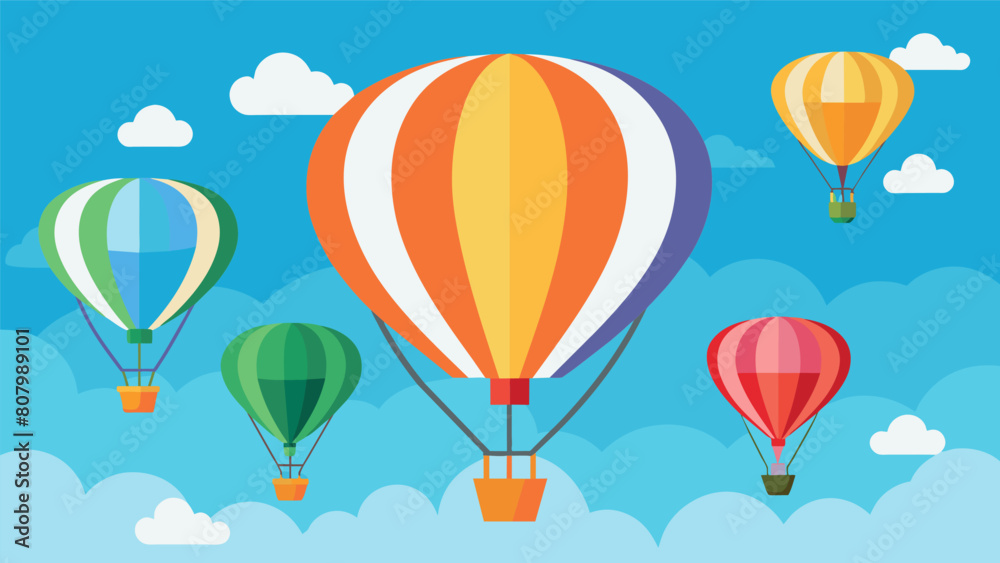 A of colorful hot air balloons gently floating amidst a serene blue sky embodying the lightness and freedom of a tranquil mind.. Vector illustration